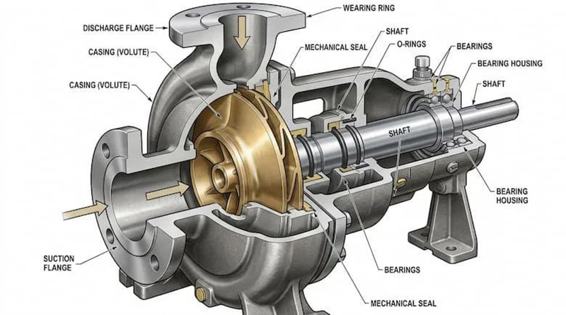 Komponen utama pompa air meliputi impeller casing shaft bearing dan mechanical seal